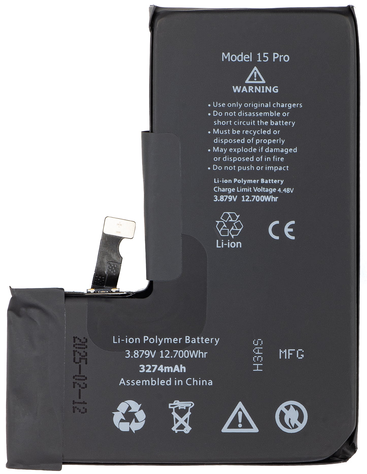 Apple iPhone 15 Pro Battery, with Flex BMS Band integration (no soldering contacts required)