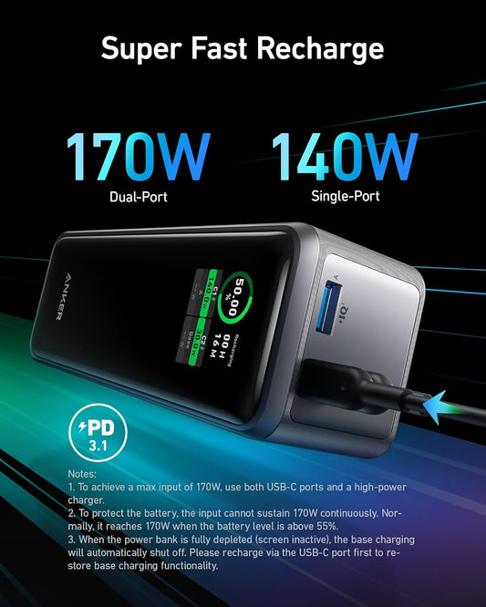 Anker Prime Externe Batterie, 27650mAh, 250W, QC + PD, 1 x USB-A - 2 x USB-C, Schwarz A1340011 A1340011