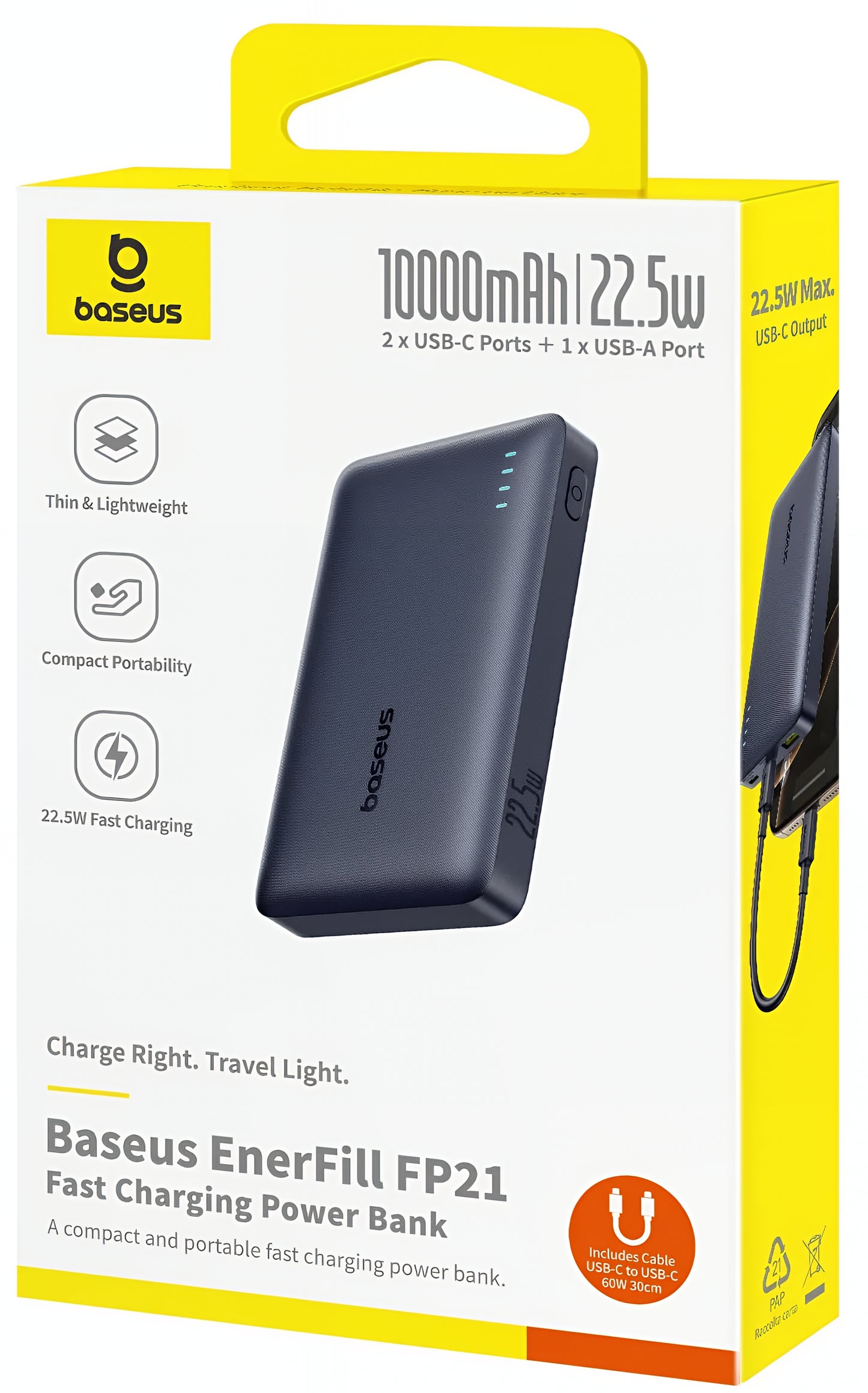 Externer Akku Baseus EnerFill FP21, 10000mAh, 22.5W, QC + PD, 1 x USB-A - 2 x USB-C, Schwarz P1008210D123-00