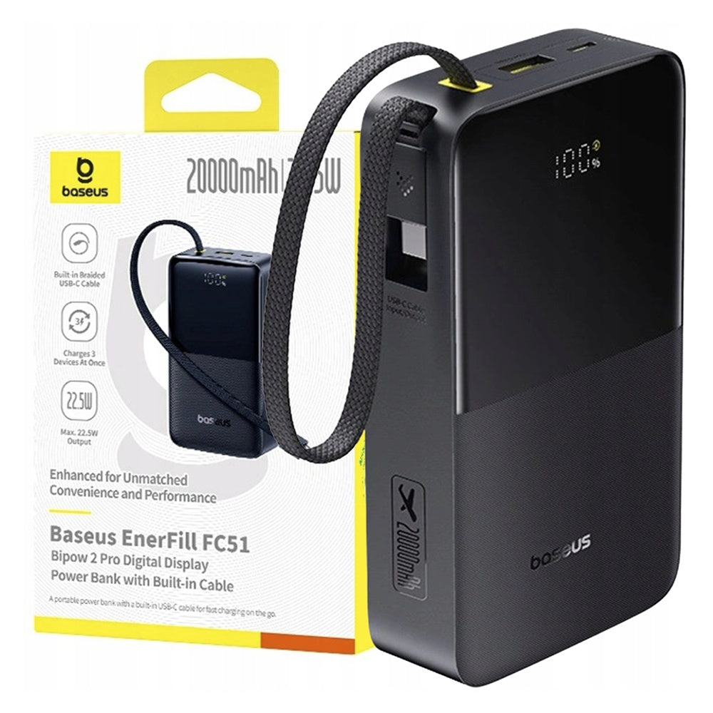 Externer Akku Baseus EnerFill Bipow2 Pro, 20000mAh, 22.5W, QC + PD, 1 x USB-A - 2 x USB-C, Schwarz E0027701