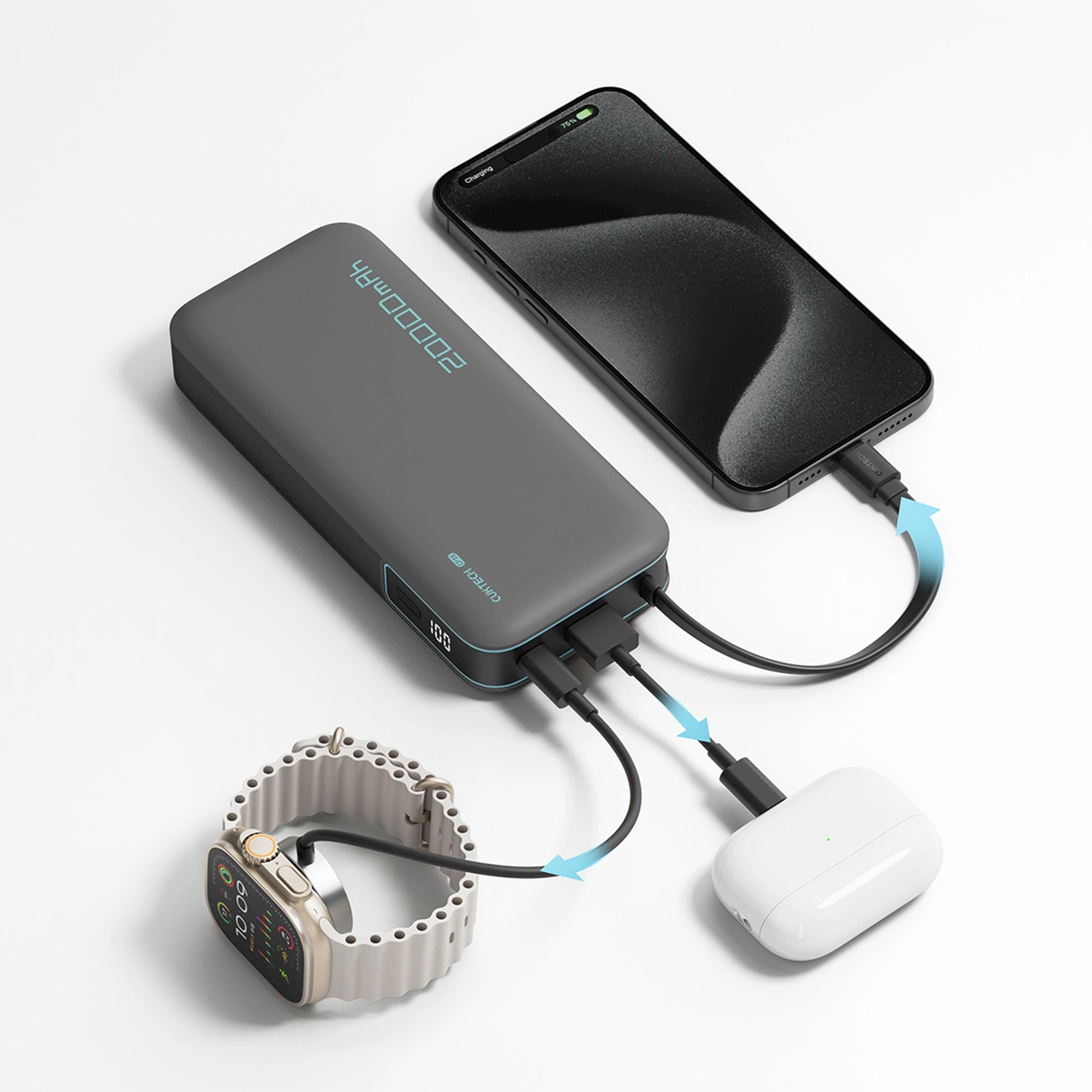 Externer Akku Cuktech, 20000mAh, 55W, QC + PD, 1 x USB-A - 2 x USB-C, Grau CUKP200NGLDG