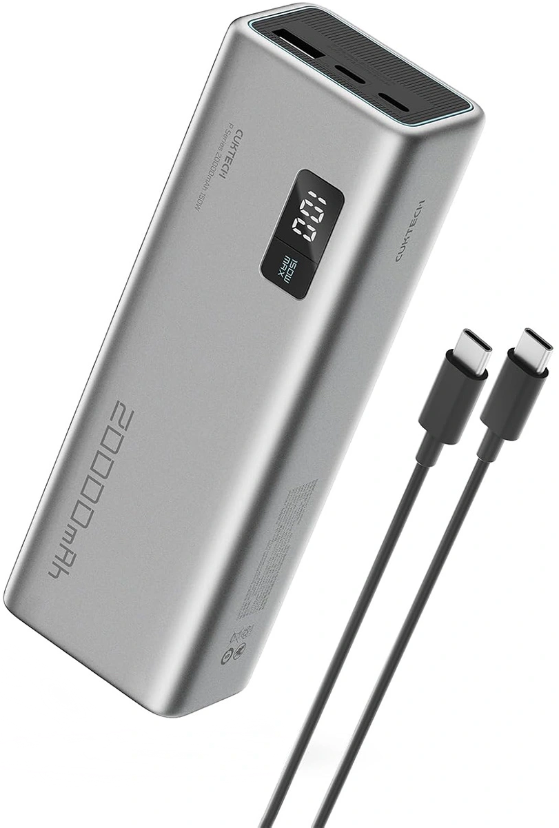 Externer Akku Cuktech P+ No.15, 20000mAh, 150W, QC + PD, 1 x USB-A - 2 x USB-C, Grau CUKPB200GLBK