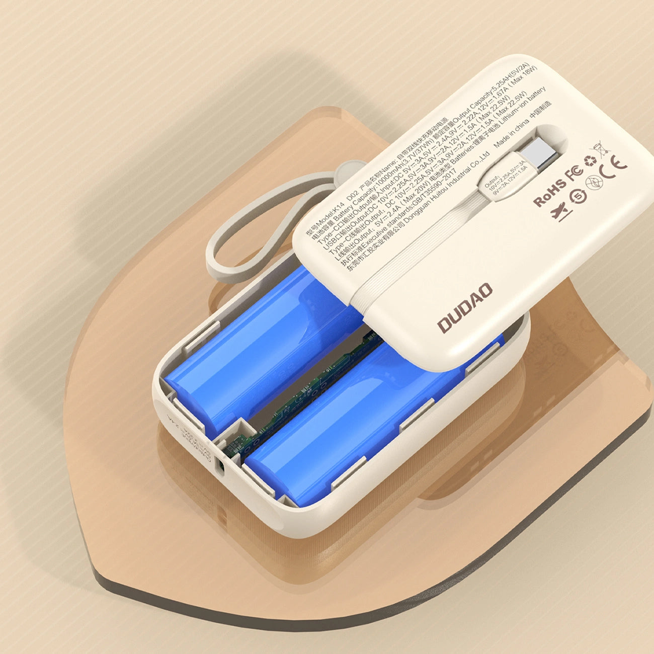 Dudao K14 External Battery, 10000mAh, 22.5W, QC + PD, 1 x Lightning - 1 x USB-A - 2 x USB-C, Beige