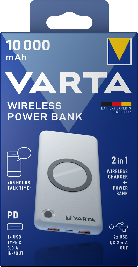 Varta Energy Wireless Externer Akku, 10000mAh, 18W, QC + PD + FQI, 1 x QI - 1 x USB-C - 2 x USB-A, Weiß
