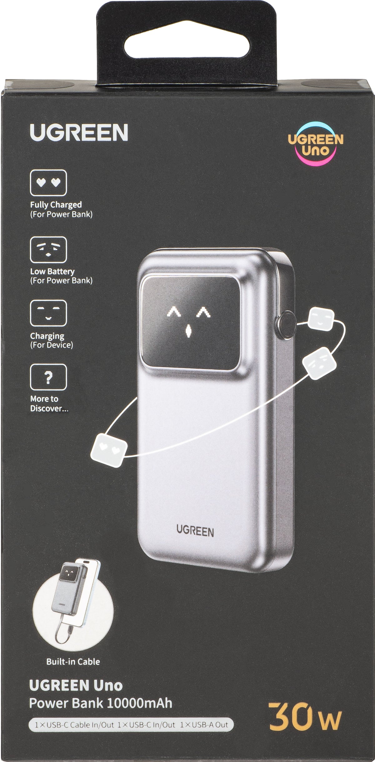 Externer Akku UGREEN PB511 Uno, 10000mAh, 30W, QC + PD, 1 x USB-A - 2 x USB-C, Grau
