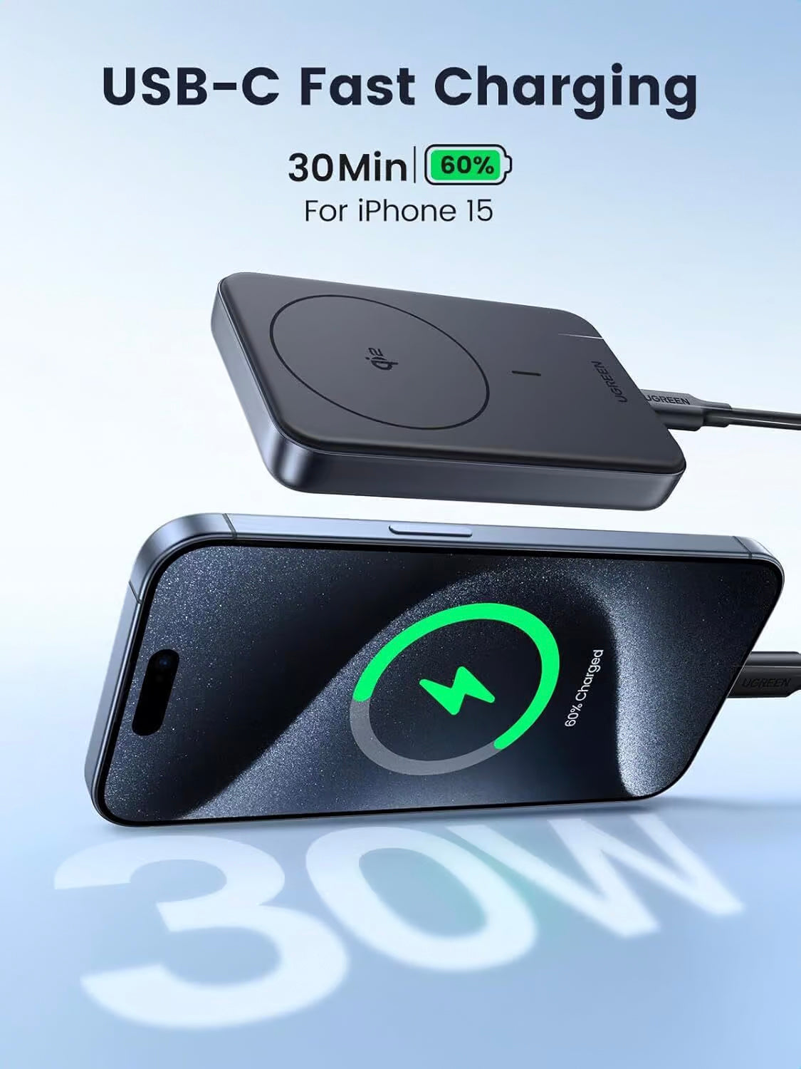 Externer Akku UGREEN PB761, 10000mAh, 30W, PD + FQI, 1 x QI - 1 x USB-C, Grau