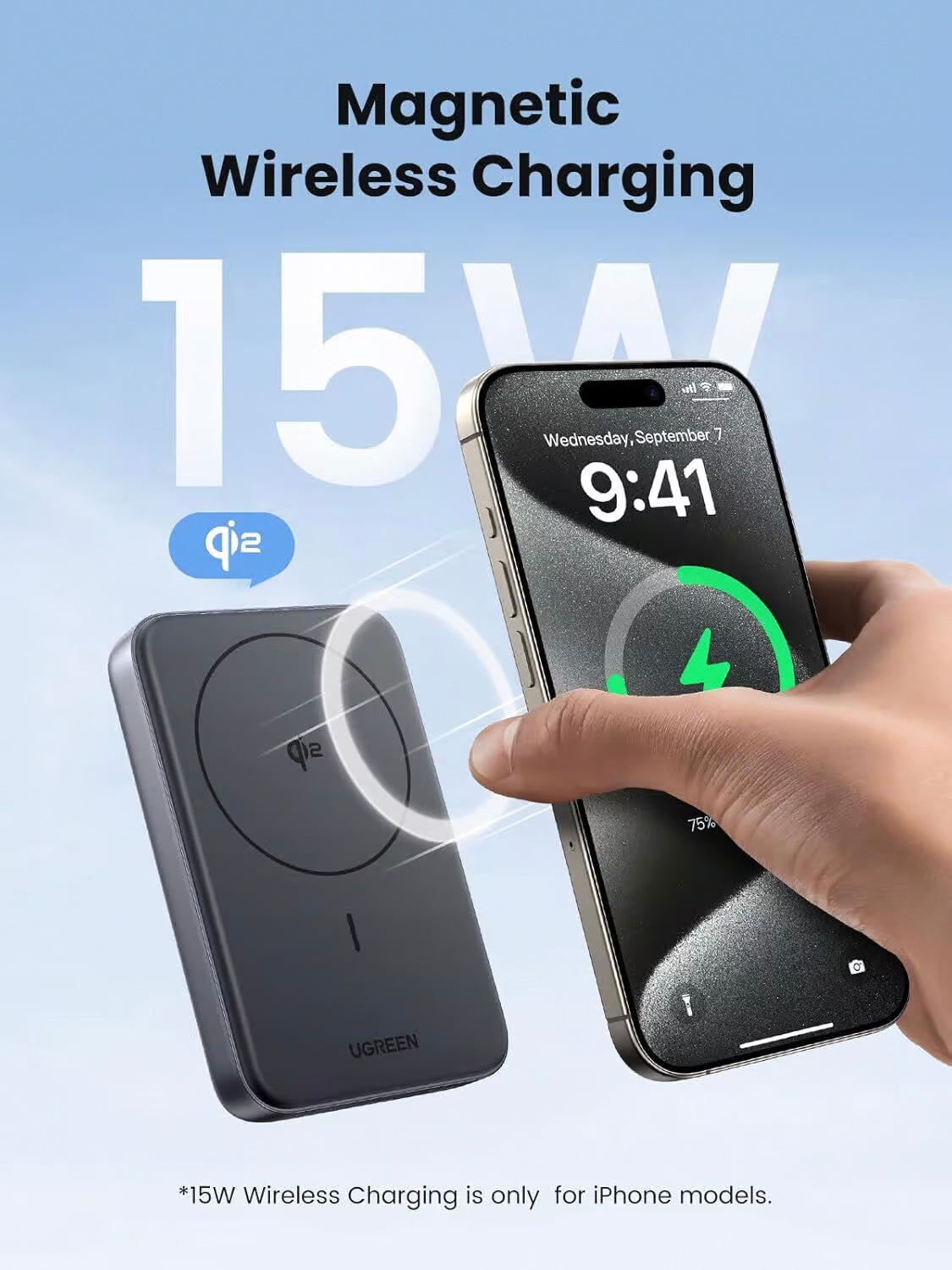 Externer Akku UGREEN PB761, 10000mAh, 30W, PD + FQI, 1 x QI - 1 x USB-C, Grau