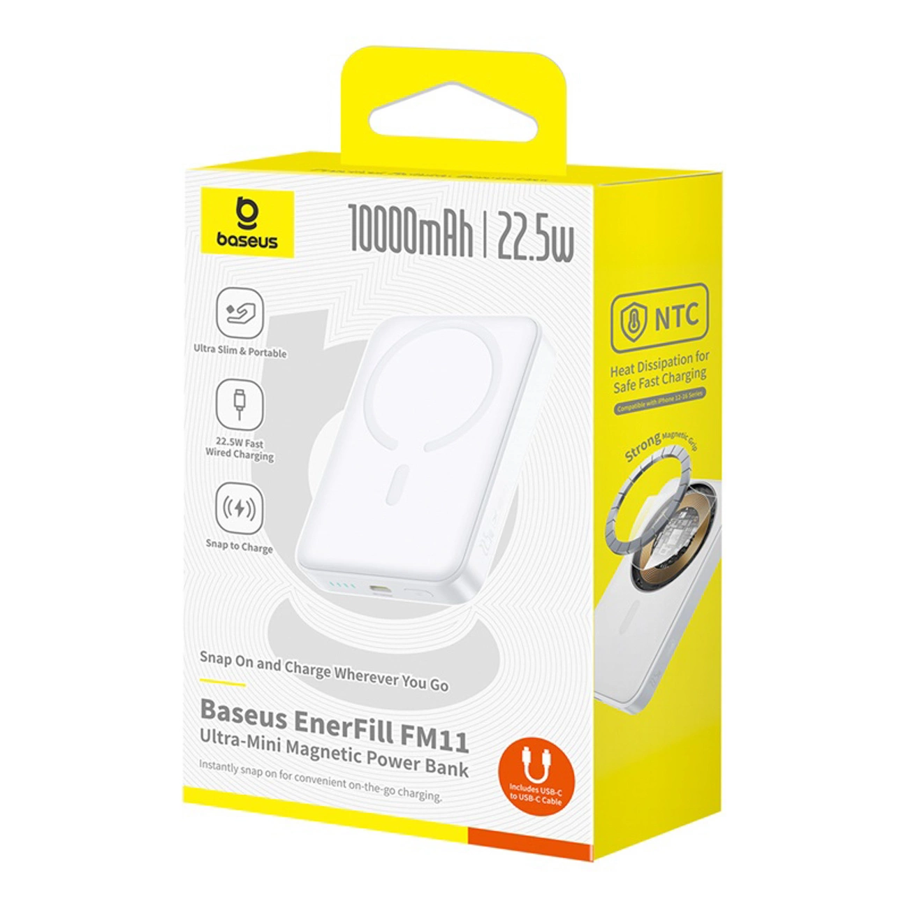 Externer Wireless-Akku Baseus EnerFill FM11 Ultra-Mini, 10000mAh, 22.5W, PD + FQI, 1 x QI - 1 x USB-C, Weiß P1008210E213-00