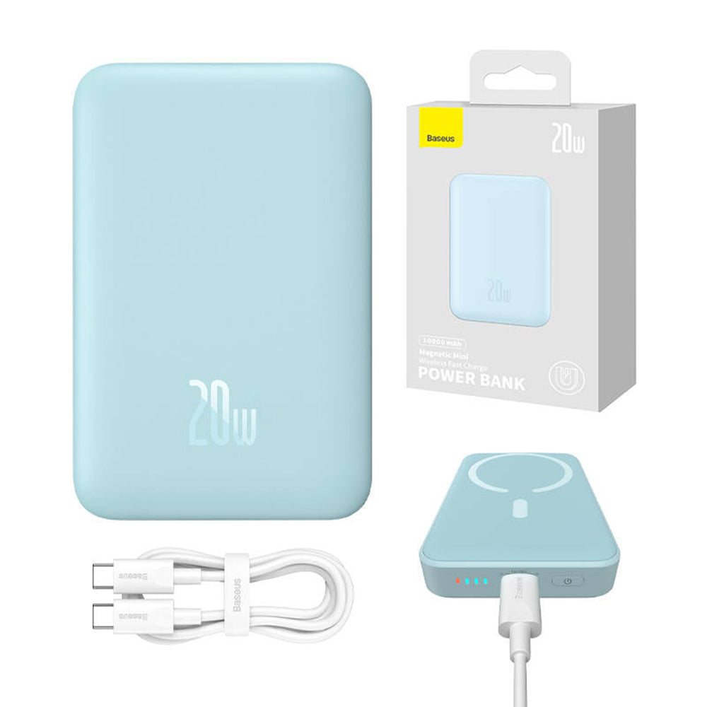 Externer Wireless-Akku Baseus Magnetic Mini, 10000mAh, 20W, PD + FQI, 1 x QI - 1 x USB-C, Blau PPCX110103