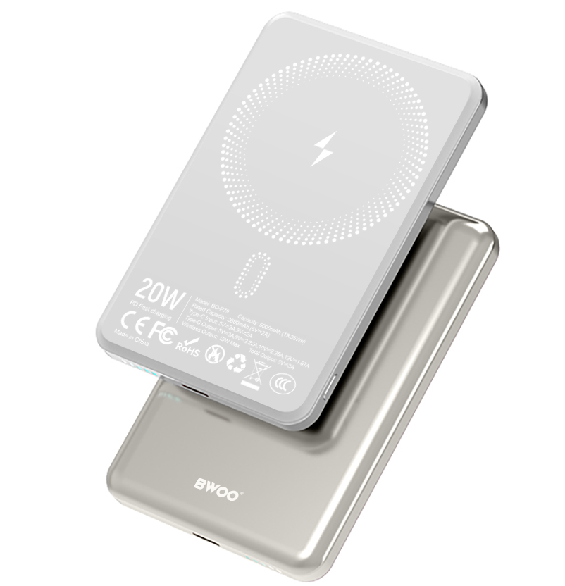 Kabellose Externe Batterie BWOO P79, 5000mAh, 20W, PD + FQI, 1 x QI - 1 x USB-C, Grau