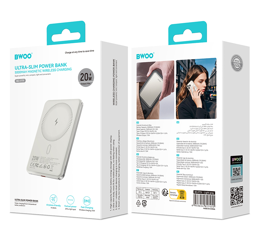 Kabellose Externe Batterie BWOO P79, 5000mAh, 20W, PD + FQI, 1 x QI - 1 x USB-C, Grau