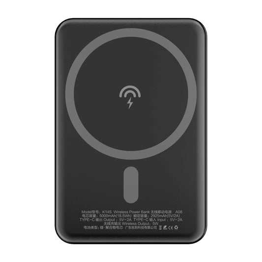 Dudao K14S Drahtloser externer Akku, 5000mAh, 10W, PD + QI, 1 x QI - 1 x USB-C, Schwarz