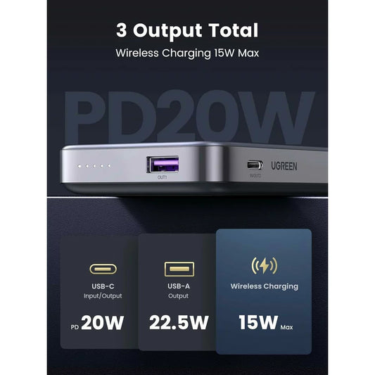 UGREEN PB206 Drahtloser externer Akku, 10000mAh, 20W, QC + PD + FQI, 1 x QI - 1 x USB-A - 1 x USB-C, Grau