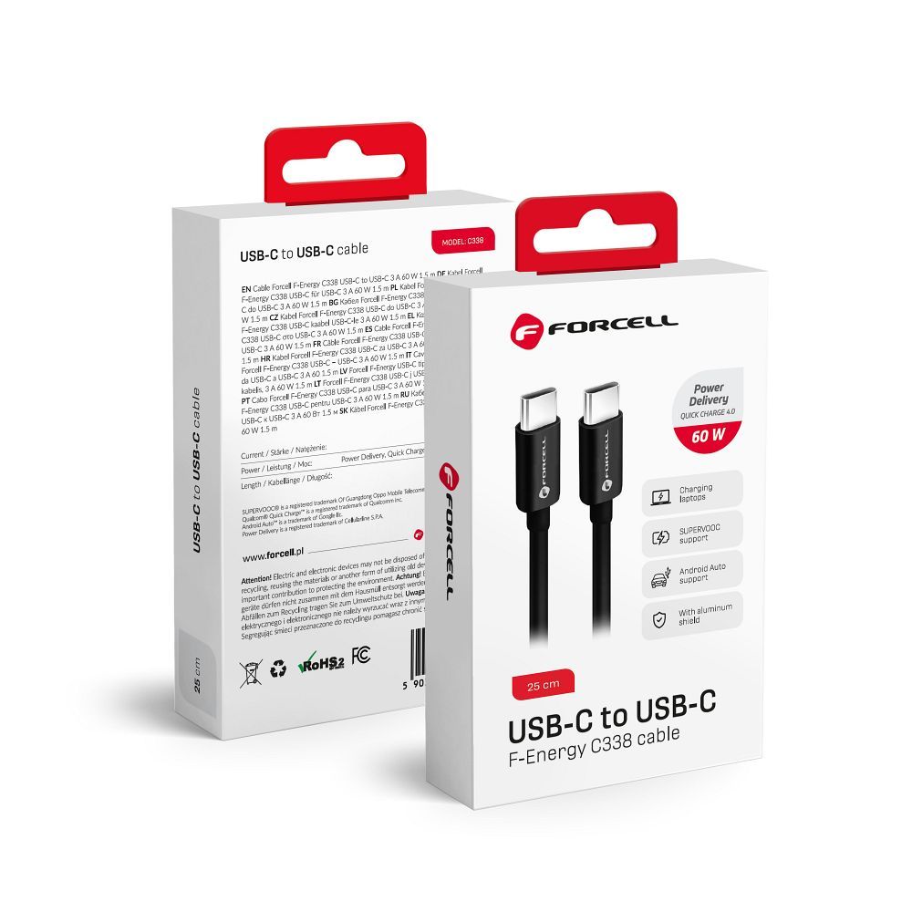 Forcell F-Energy C338 USB-C auf USB-C Kabel 60W 0.25m | Schwarz | 10 Gbit/s