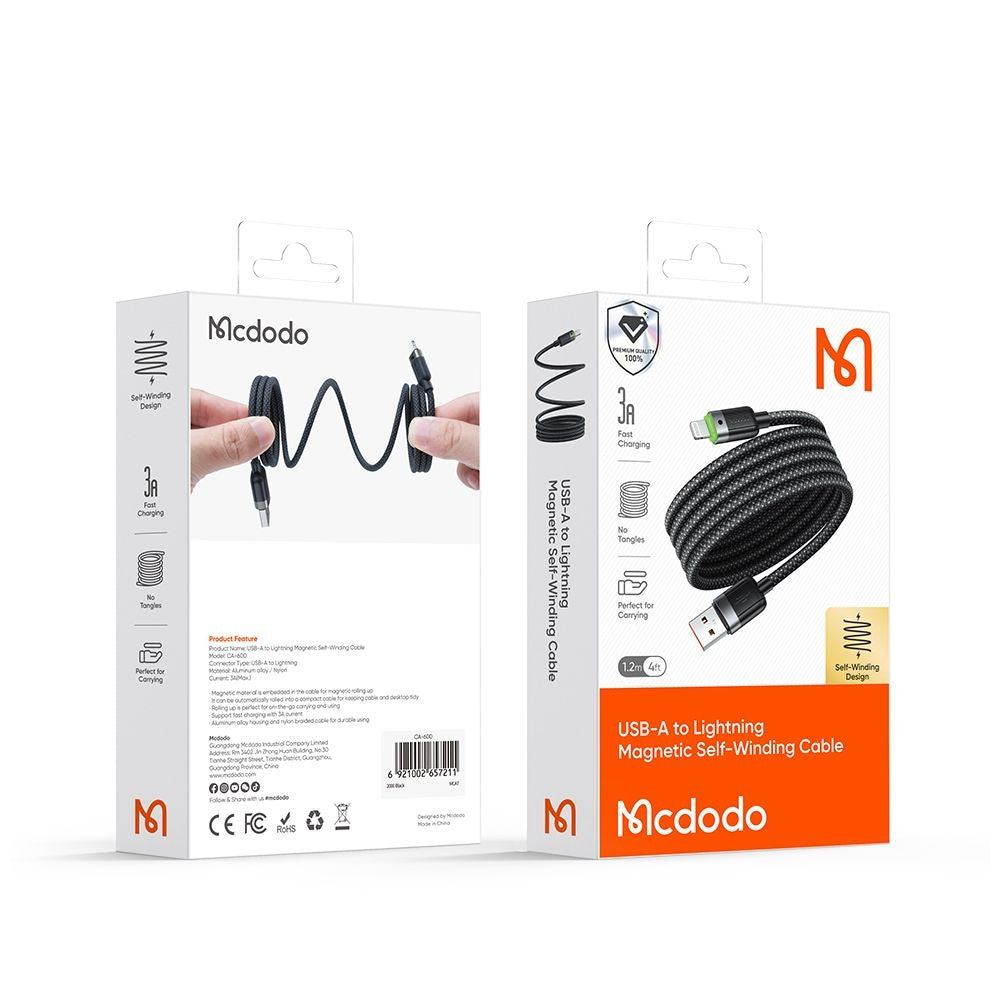 USB-A - Lightning McDodo CA-6000 Selbstwickelndes Daten- und Ladekabel, 18W, 1.2m, Schwarz