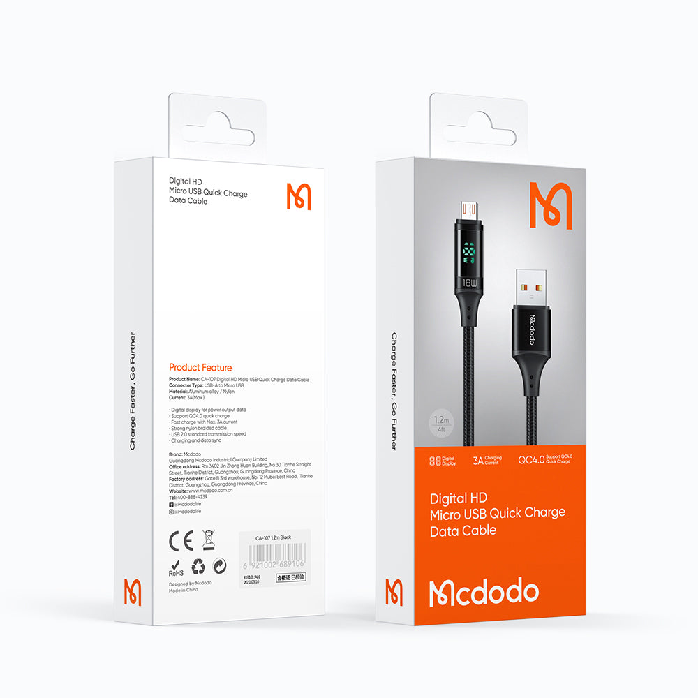 USB-A - microUSB Daten- und Ladekabel McDodo CA-1070 Display, 18W, 1.2m, Schwarz