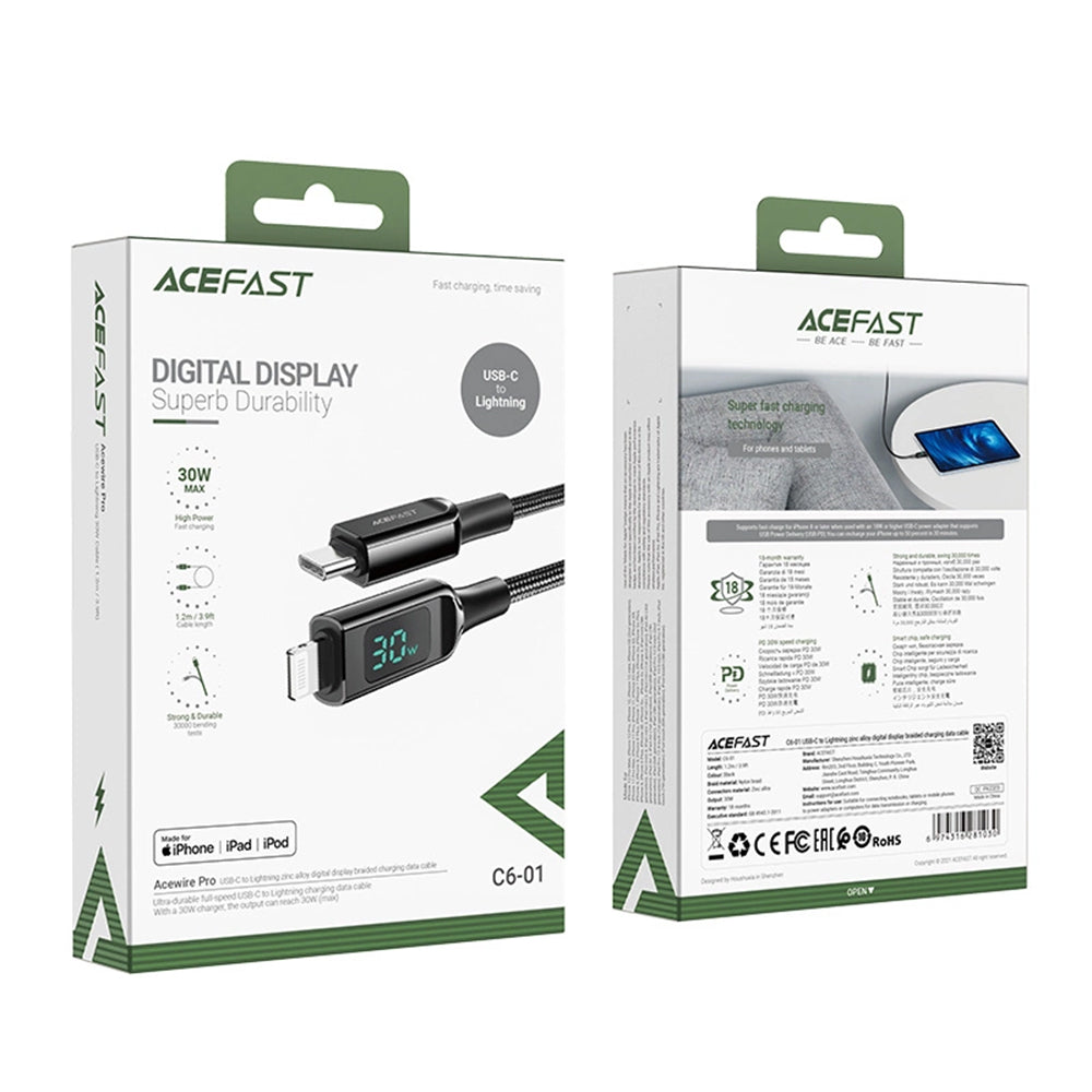 USB-C - Lightning Daten- und Ladekabel Acefast C6-01 Display, 20W, 1,2m, Schwarz