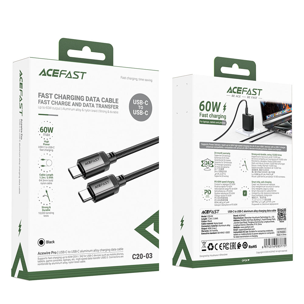 USB-C Daten- und Ladekabel - USB-C Acefast C20-03, 60W, 1.2m, Schwarz