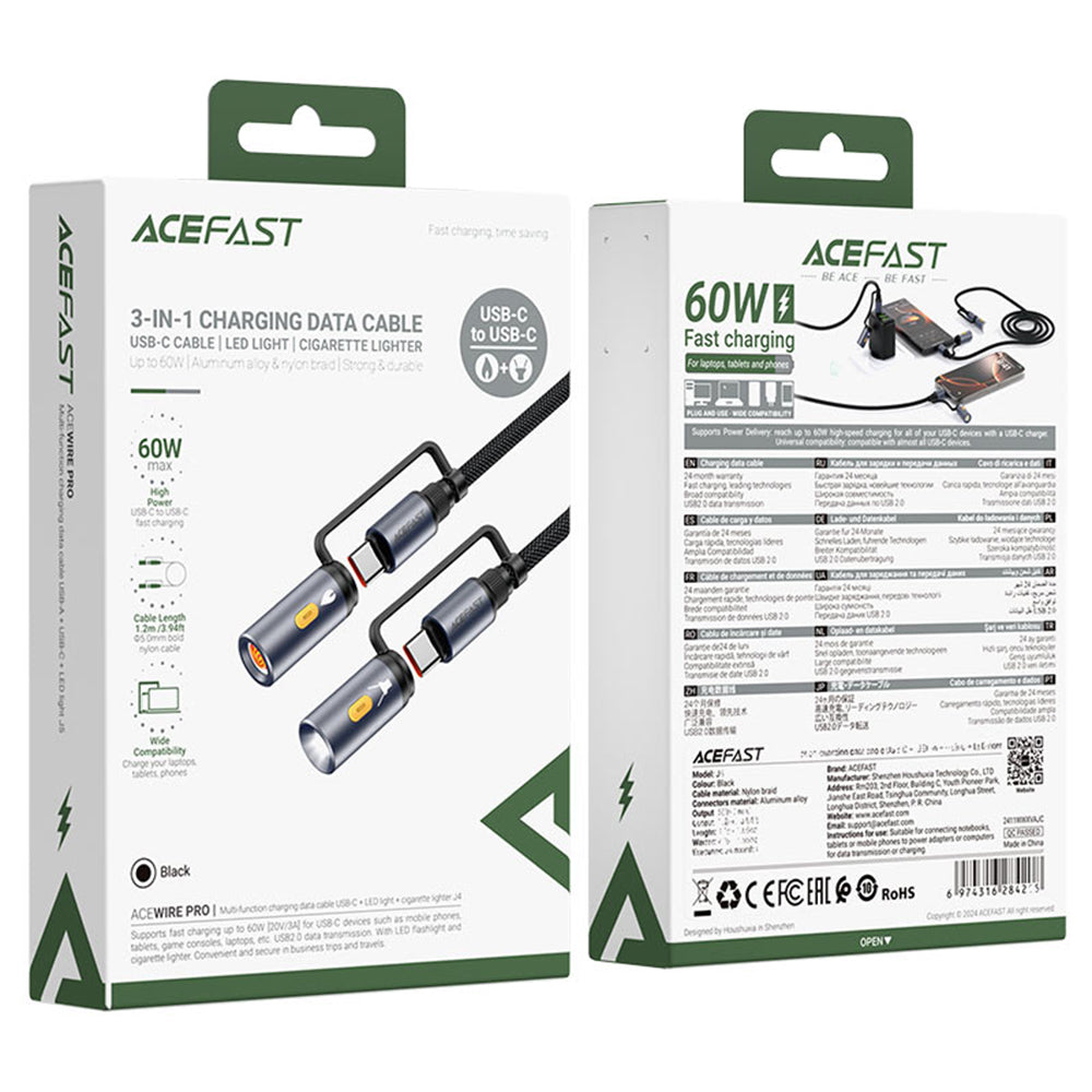 USB-C Daten- und Ladekabel / Taschenlampe - USB-C / Elektrisches Feuerzeug Acefast J4, 60W, 1.2m, Schwarz