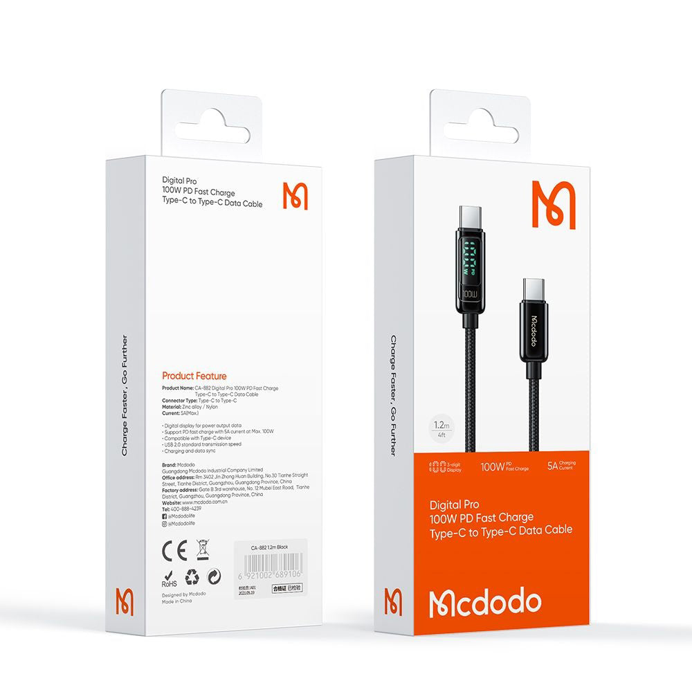 USB-C - USB-C Daten- und Ladekabel McDodo CA-8820 Display, 100W, 1.2m, Schwarz