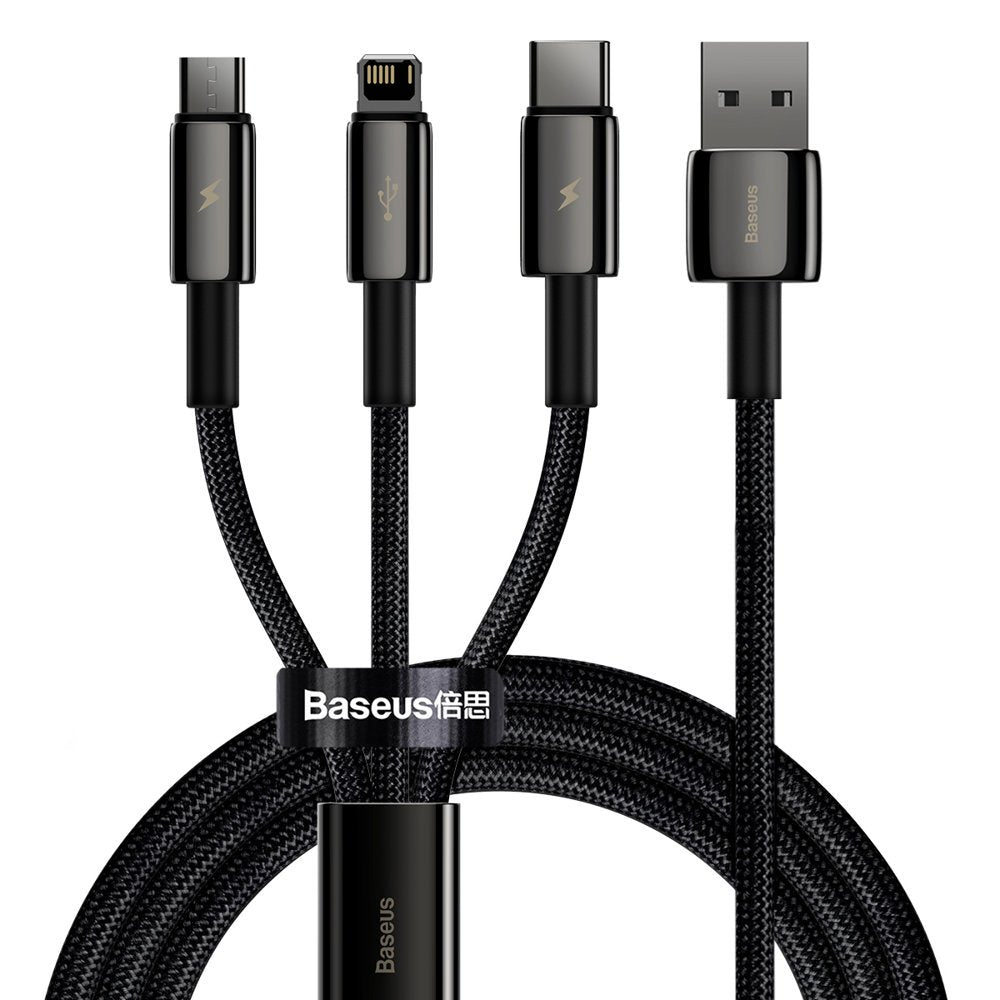Ladekabel USB-A - Lightning / microUSB / USB-C Baseus Tungsten Gold 3in1, 18W, 1,5m, Schwarz CAMLTWJ-01