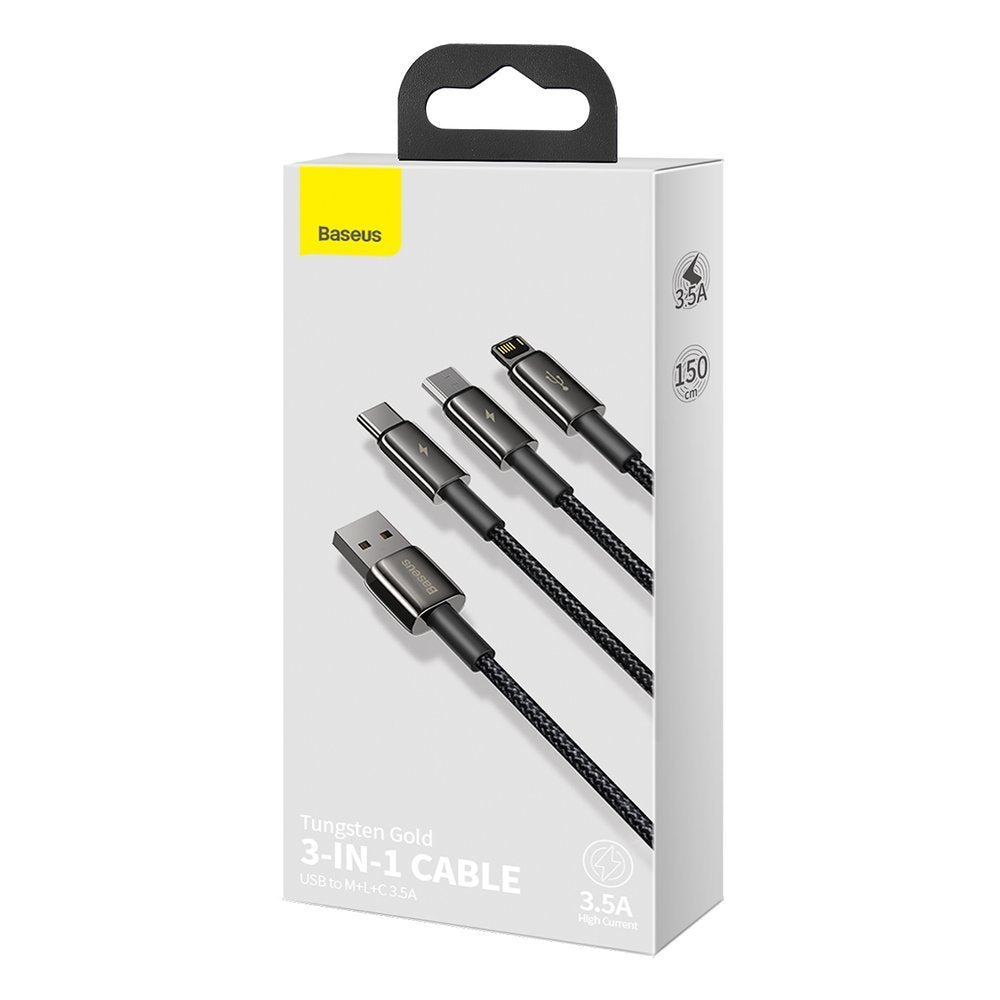 Ladekabel USB-A - Lightning / microUSB / USB-C Baseus Tungsten Gold 3in1, 18W, 1,5m, Schwarz CAMLTWJ-01