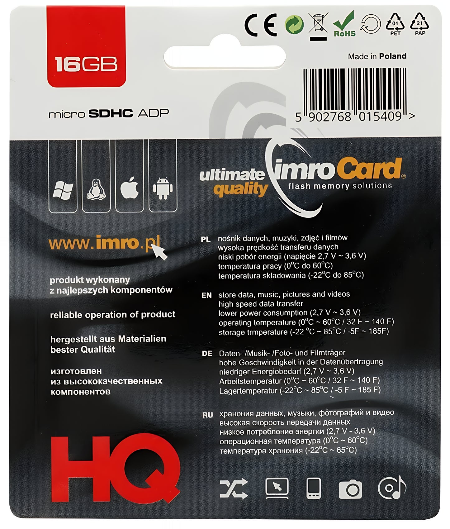 Speicherkarte microSDHC Imro, 16Gb, Klasse 4, mit Adapter