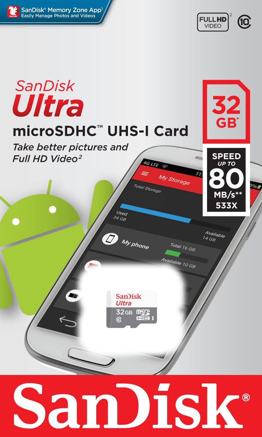 SanDisk Ultra microSDHC Memory Card, 32Gb, Class 10 SDSQUNR-032G-GN3MN