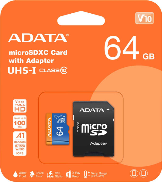 Memory Card microSDXC Adata, 64Gb, Class 10 / UHS-1 U1, With Adapter AUSDX64GUICL10A1-RA1 AUSDX64GUICL10A1-RA1