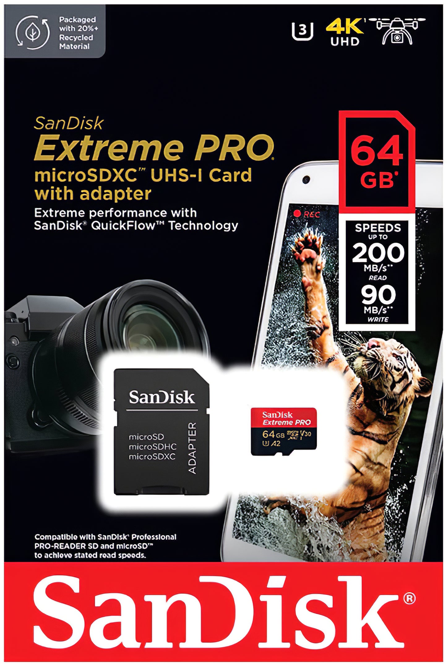 Speicherkarte microSDXC SanDisk Extreme Pro, 64Gb, Klasse 10 / UHS-1 U3, mit Adapter SDSQXCU-064G-GN6MA