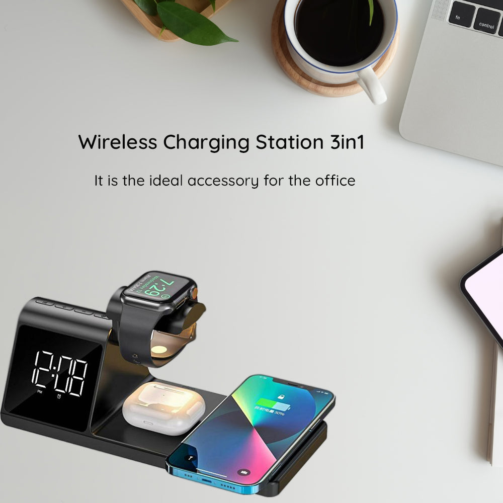 Digitaluhr HAVIT W3042 4in1 mit Wireless QI-Ladung, Schwarz