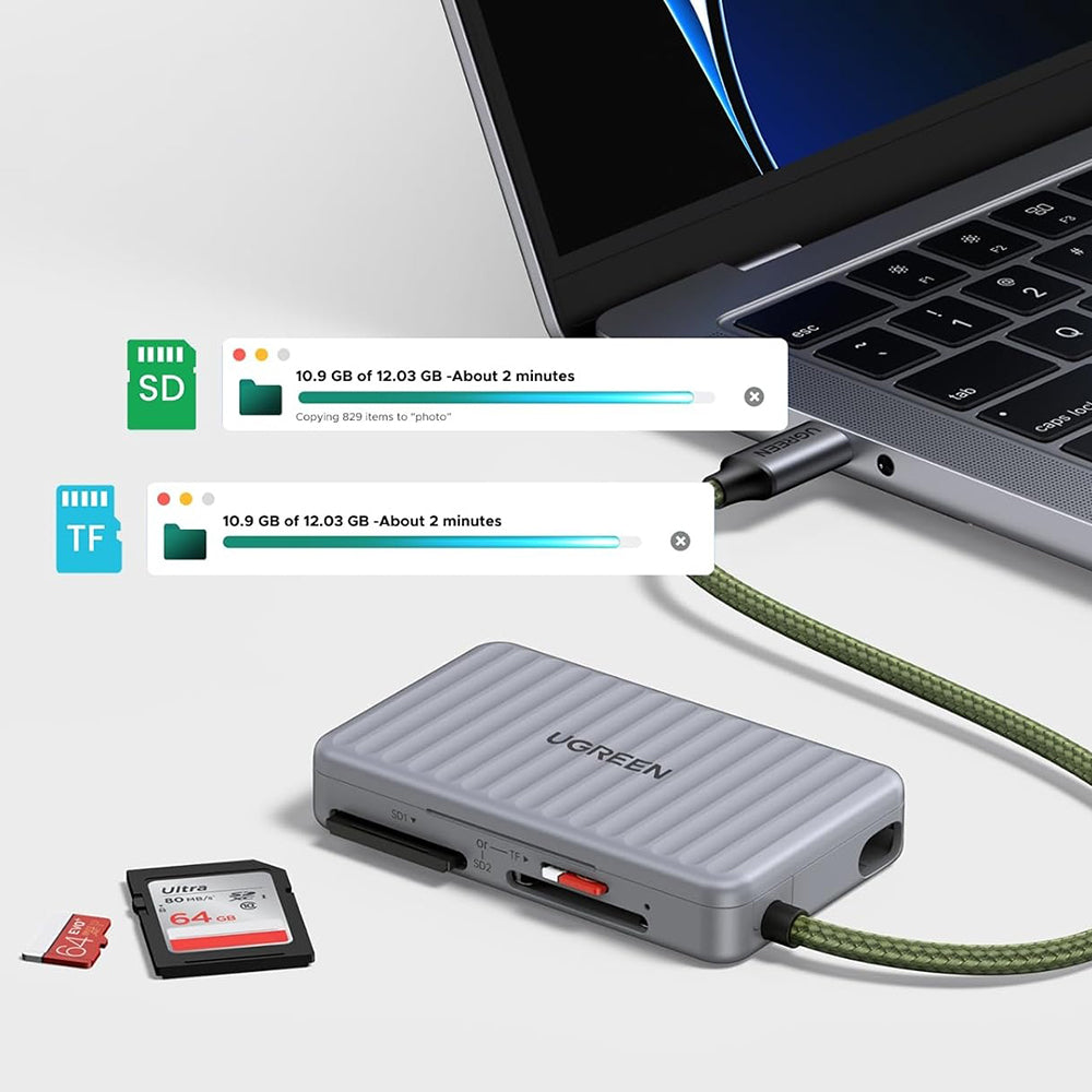 UGREEN 55886 USB-C Card Reader with Organizer, 2 x SD - microSD, Gray