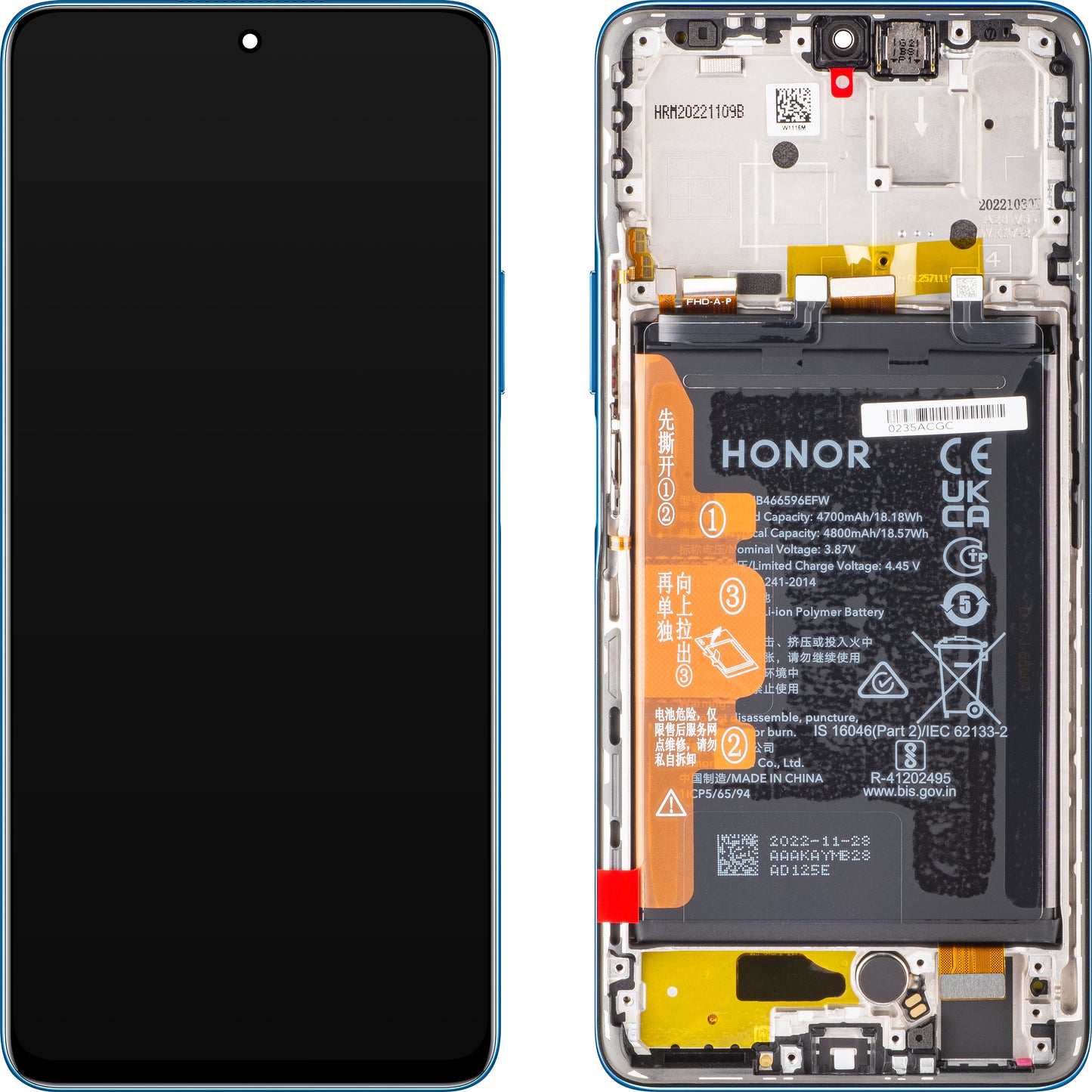 Touchscreen-Display Touchscreen Honor Magic4 Lite, mit Rahmen und Akku, Blau (Ocean Blue), Service Pack 0235ABST