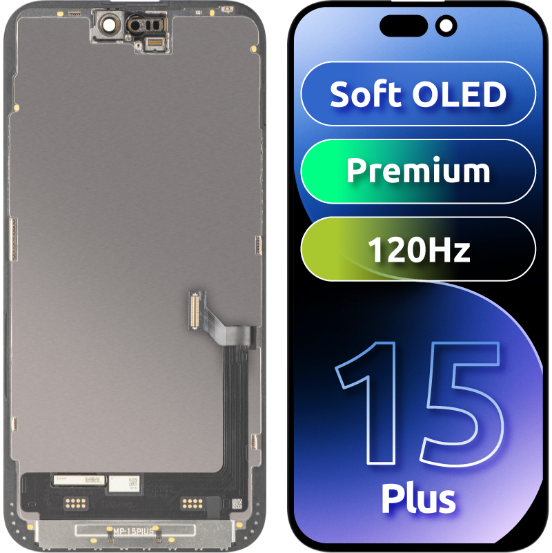 MP Touchscreen-Display kompatibel mit Apple iPhone 15 Plus, mit Rahmen, Premium Soft OLED FHD 120Hz Version, Schwarz