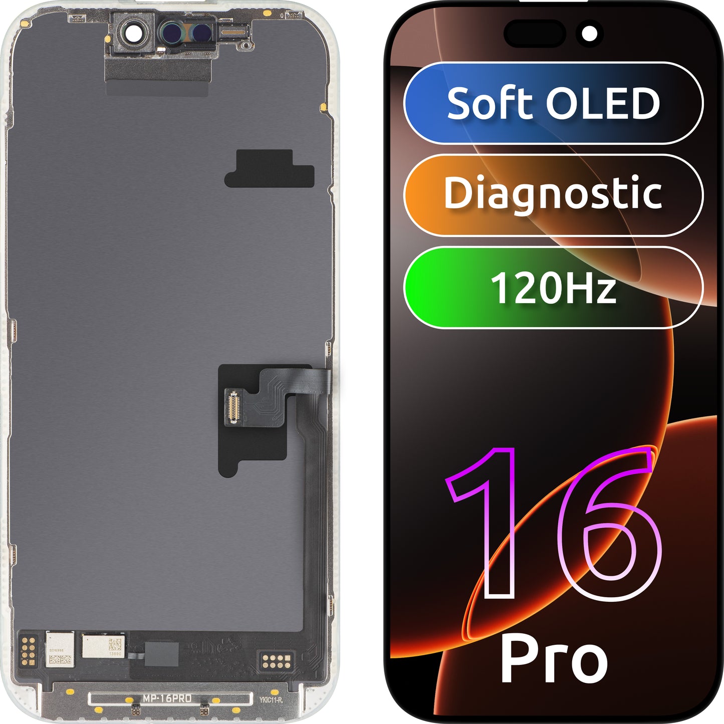 MP Touchscreen-Display kompatibel mit Apple iPhone 16 Pro, mit Rahmen, Soft-Version OLED FHD 120Hz Diagnostik, Schwarz