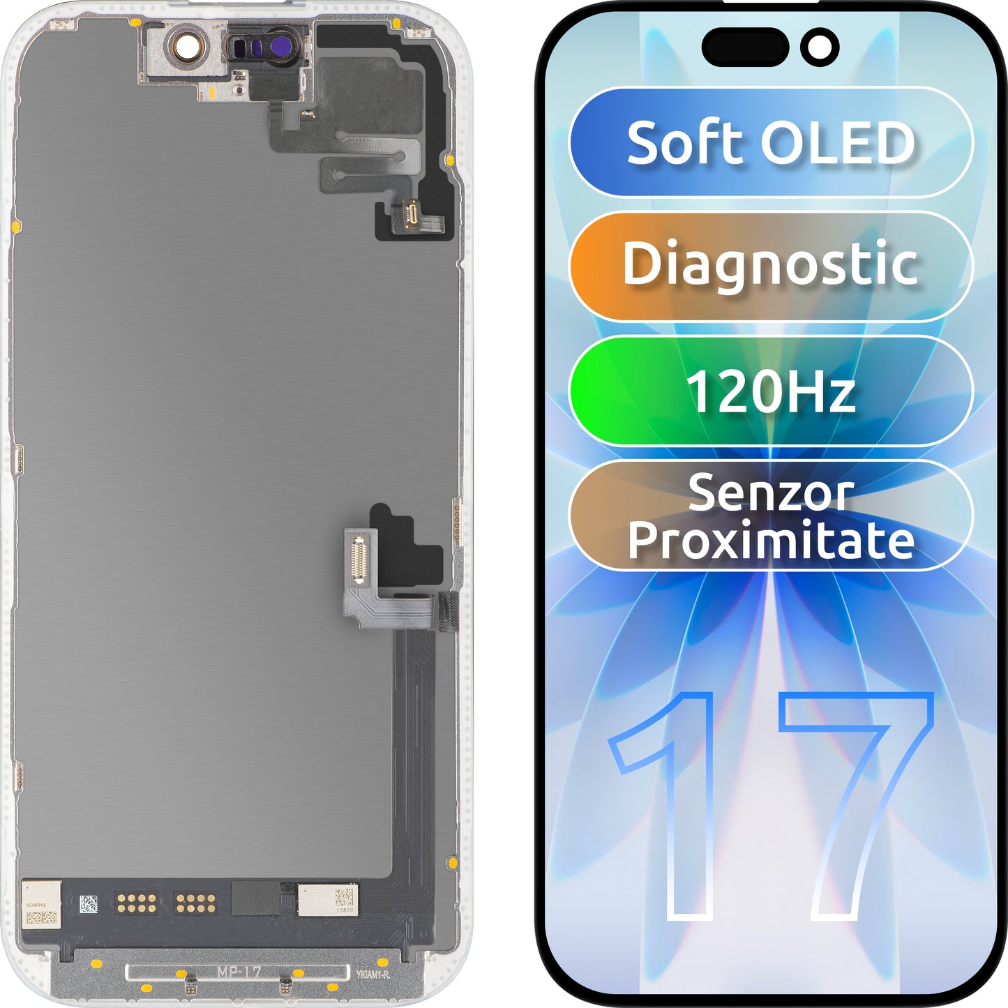 Touchscreen-Display mit Näherungssensor MP kompatibel mit Apple iPhone 17, mit Rahmen, Soft-Version OLED FHD 120Hz Diagnostik, Schwarz