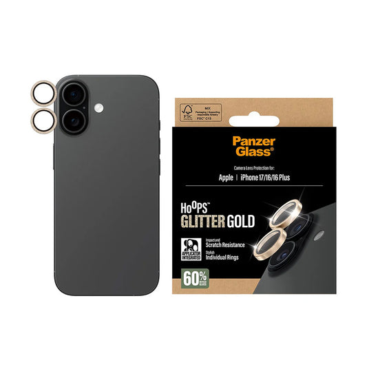 Schutzfolie PanzerGlass Hoops Glitter für die Rückkamera des Apple iPhone 17 / 16 Plus / 16, gehärtetes Glas, Goldfarben