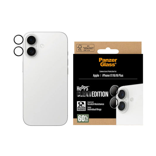Schutzfolie PanzerGlass Hoops für die Rückkamera des Apple iPhone 17 / 16 Plus / 16, gehärtetes Glas, Transparent