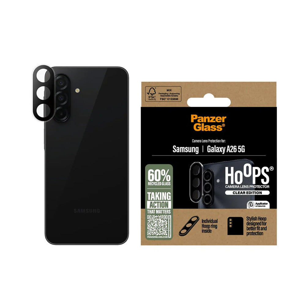 Schutzfolie PanzerGlass Hoops für die Rückkamera des Samsung Galaxy A26 A266, gehärtetes Glas, Transparent.