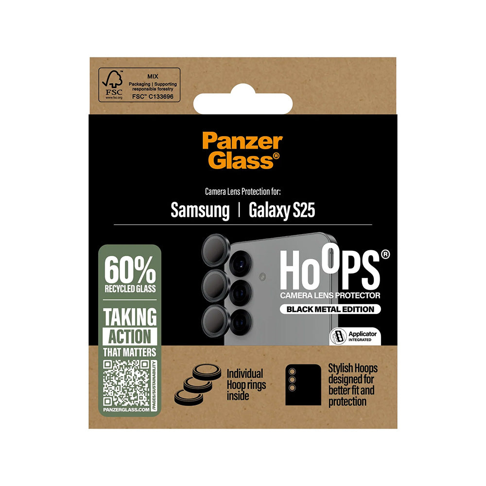 Schutzfolie PanzerGlass Hoops für die Rückkamera des Samsung Galaxy S25 S931, gehärtetes Glas, Schwarz.