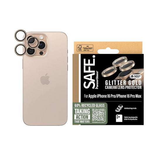 Schutzfolie PanzerGlass Safe für die Rückkamera. Glitter für Apple iPhone 16 Pro Max / 16 Pro, gehärtetes Glas, Goldfarben.