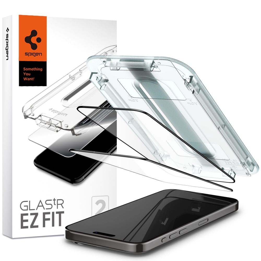 Schutzfolie Spigen GlastR EZ FIT für Apple iPhone 15 Pro Max, gehärtetes Glas, Vollkleber, Set mit 2 Stück, Schwarz AGL06873