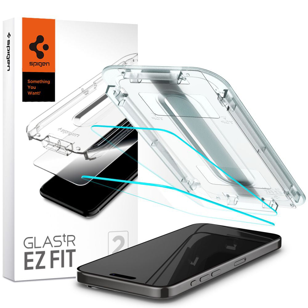 Spigen GlastR EZ FIT Displayschutzfolie für Apple iPhone 15 Pro, gehärtetes Glas, Full Glue, 2er Set AGL06892