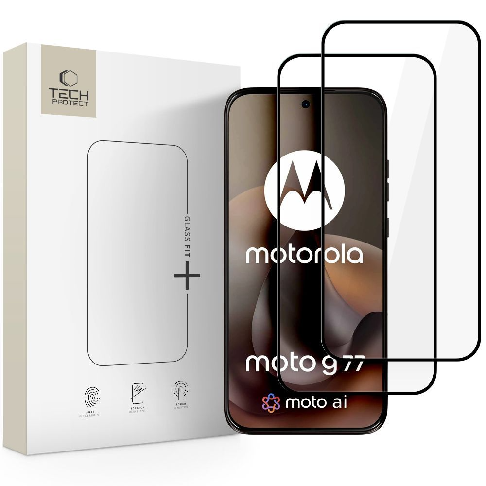 Tech-Protect FIT+ Displayschutzfolie für Motorola Moto G77 / G67, gehärtetes Glas, Full Glue, 2er Set, 2.5D, Schwarz