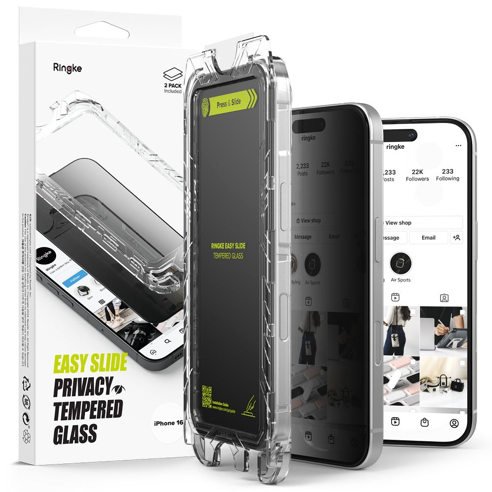Schutzfolie Privacy Ringke Easy Slide für Apple iPhone 16 / 15, gehärtetes Glas, Vollkleber, Set mit 2 Stück
