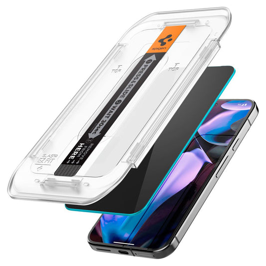 Privacy Displayschutzfolie Spigen GlastR EZ FIT für Google Pixel 9 / 9 Pro, gehärtetes Glas, Full Glue, 2er-Set
