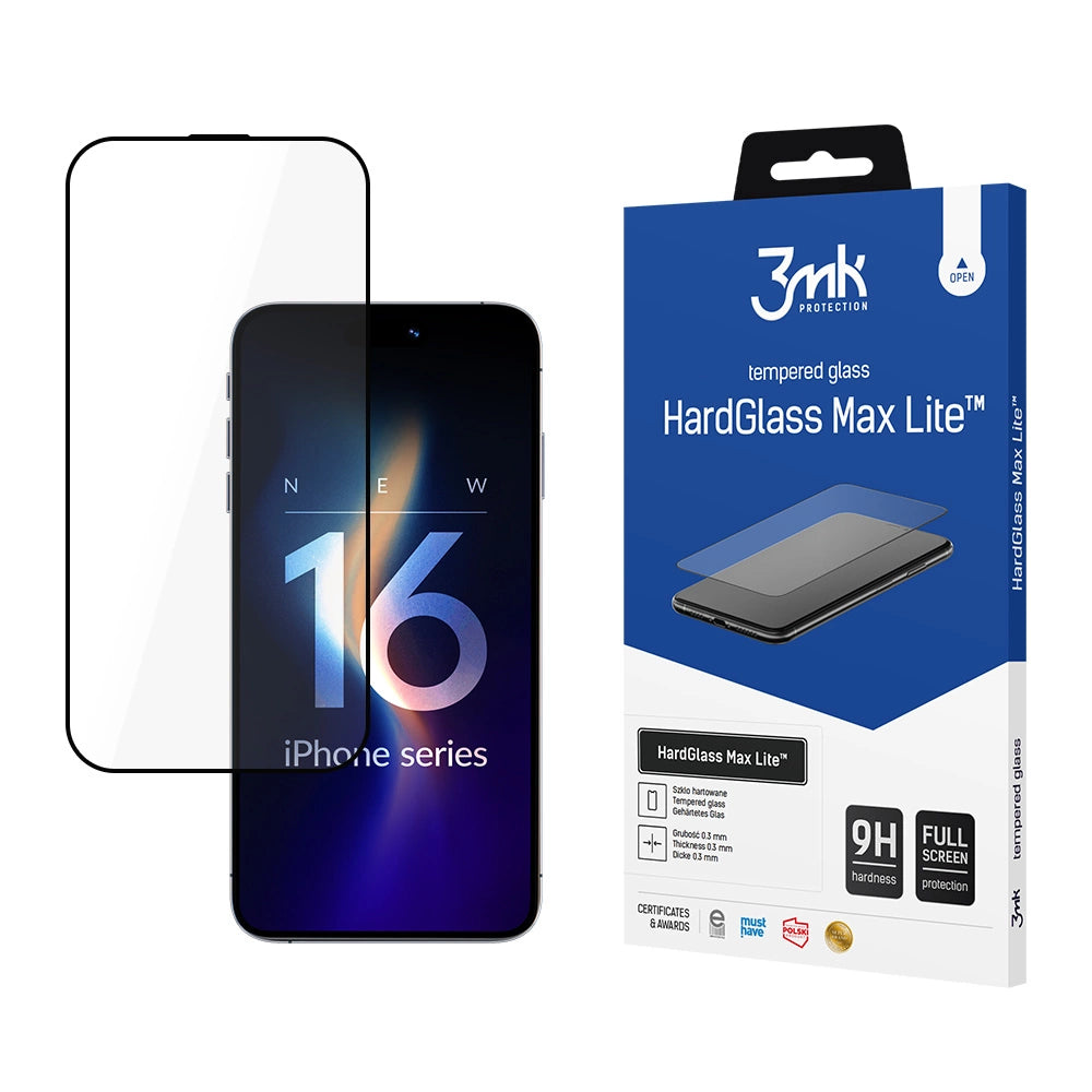 Schutzfolie 3MK HardGlass Max Lite für Apple iPhone 17 / 16 Pro, gehärtetes Glas, Full Glue, Schwarz