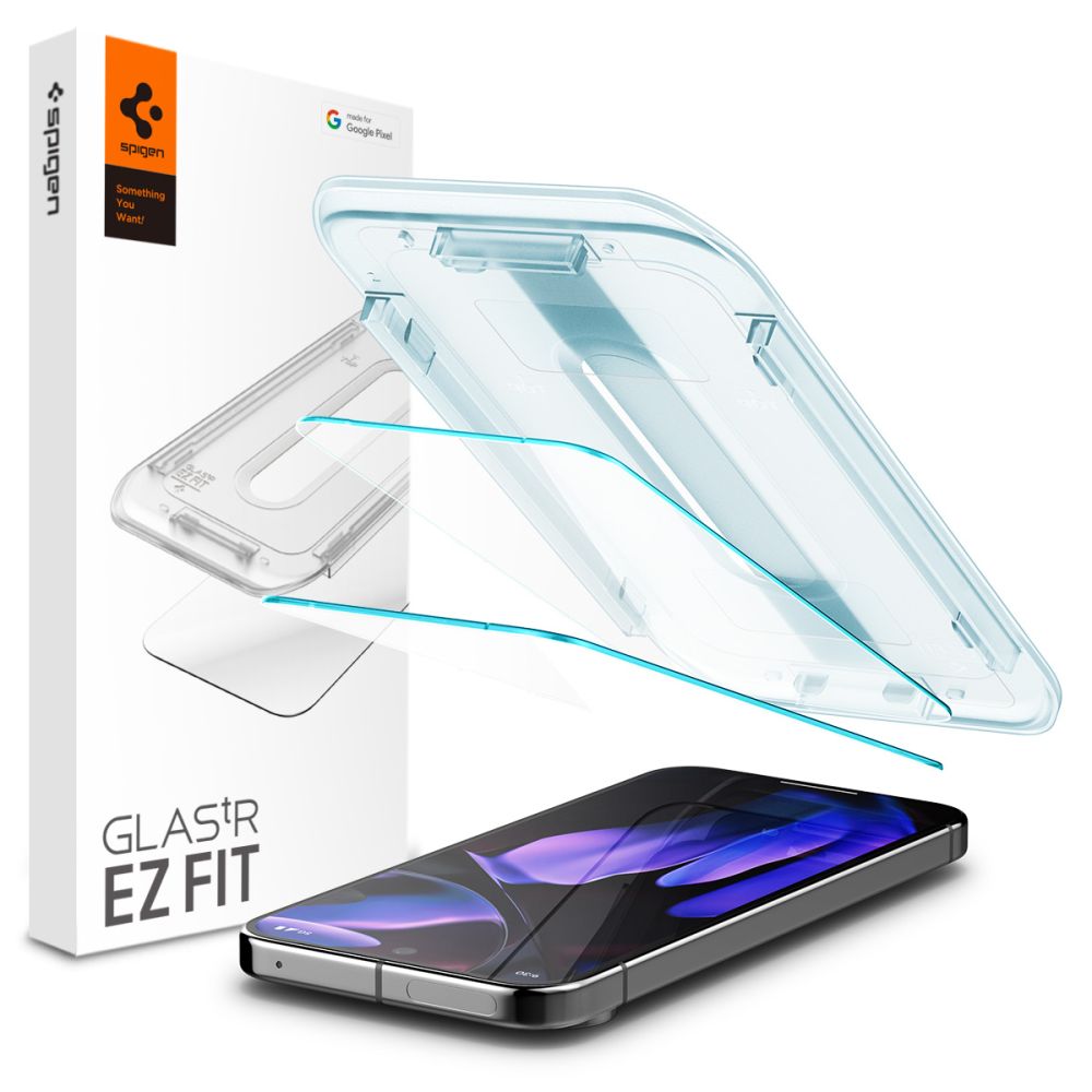 Schutzfolie Spigen GlastR EZ FIT für Google Pixel 9 / 9 Pro, Gehärtetes Glas, Vollverklebung, Set mit 2 Stück, 2.5D AGL08442