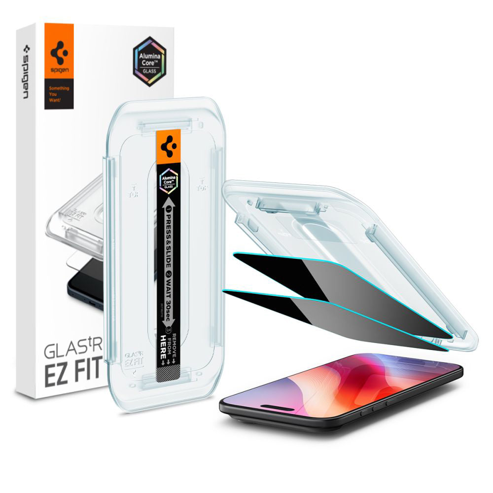 Displayschutzfolie Privacy Spigen GlastR EZ FIT für Apple iPhone 17 Air, gehärtetes Glas, Vollverklebung, Set mit 2 Stück