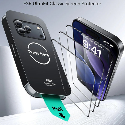 Schutzfolie ESR UltraFit für Apple iPhone 17 Pro, gehärtetes Glas, Full Glue, Set 3 Stück